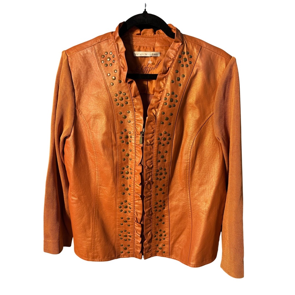 Peter Nygard Burnt Orange Studded Ruffle Faux Leather Knit Jacket Size L